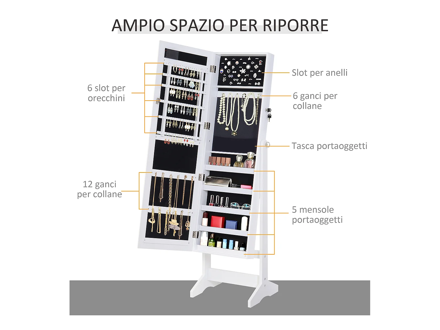 Armadio portagioielli specchio regolabile 20 luci led 40x37x146 cm