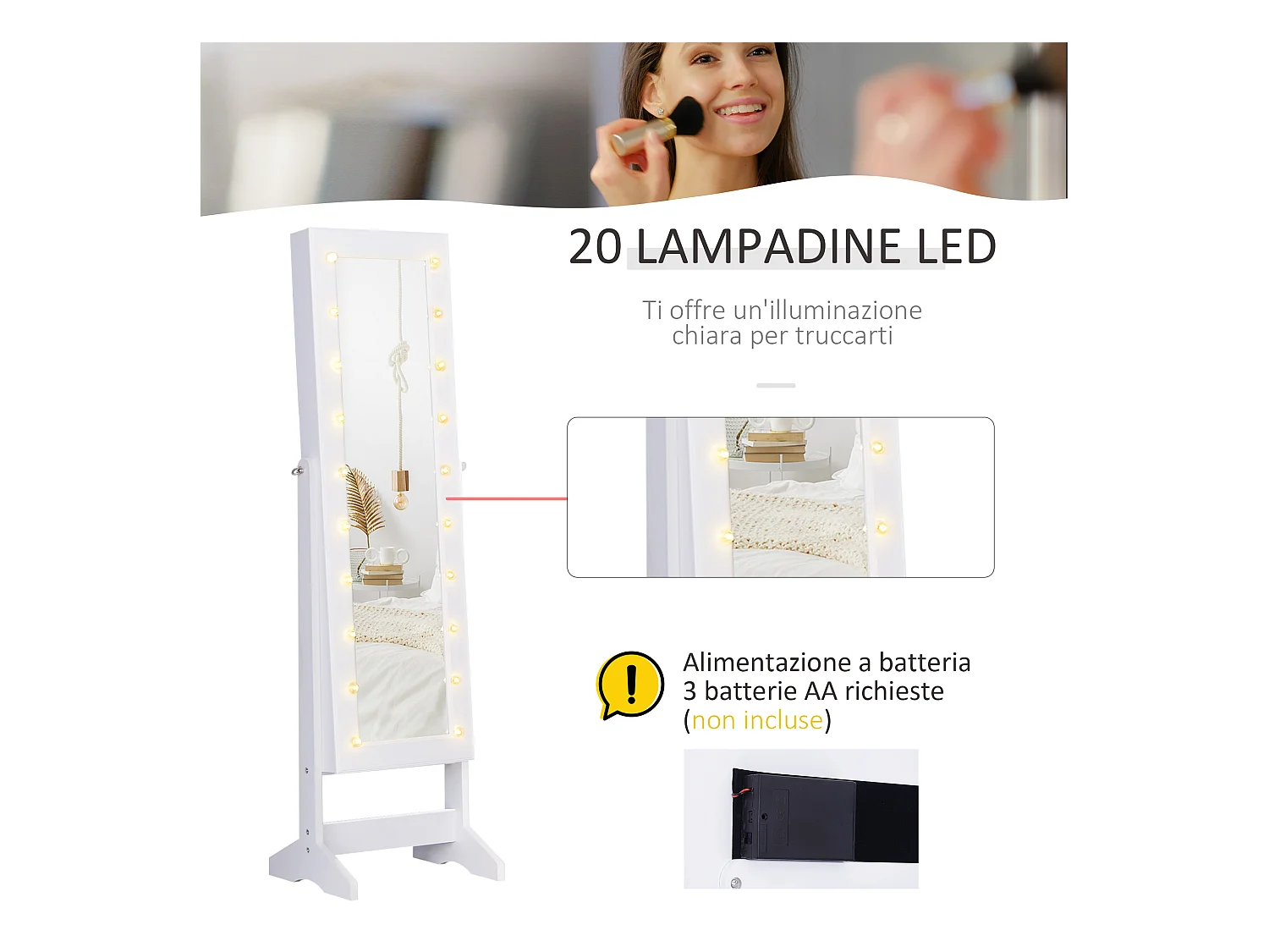 Armadio portagioielli specchio regolabile 20 luci led 40x37x146 cm