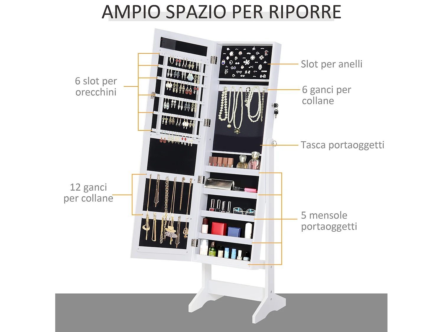 Armadio portagioielli specchio regolabile 20 luci led 40x37x146 cm