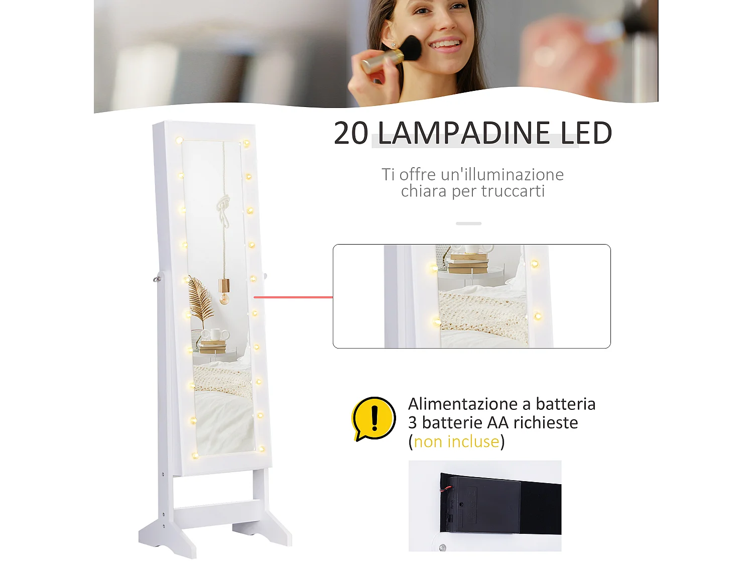 Armadio portagioielli specchio regolabile 20 luci led 40x37x146 cm
