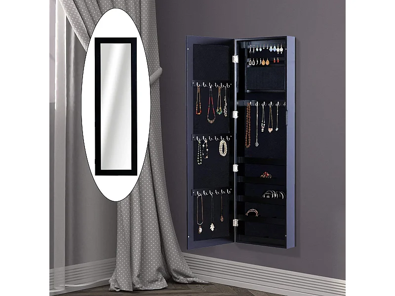 Armadio portagioie con specchio a muro, ganci e ripiani in legno