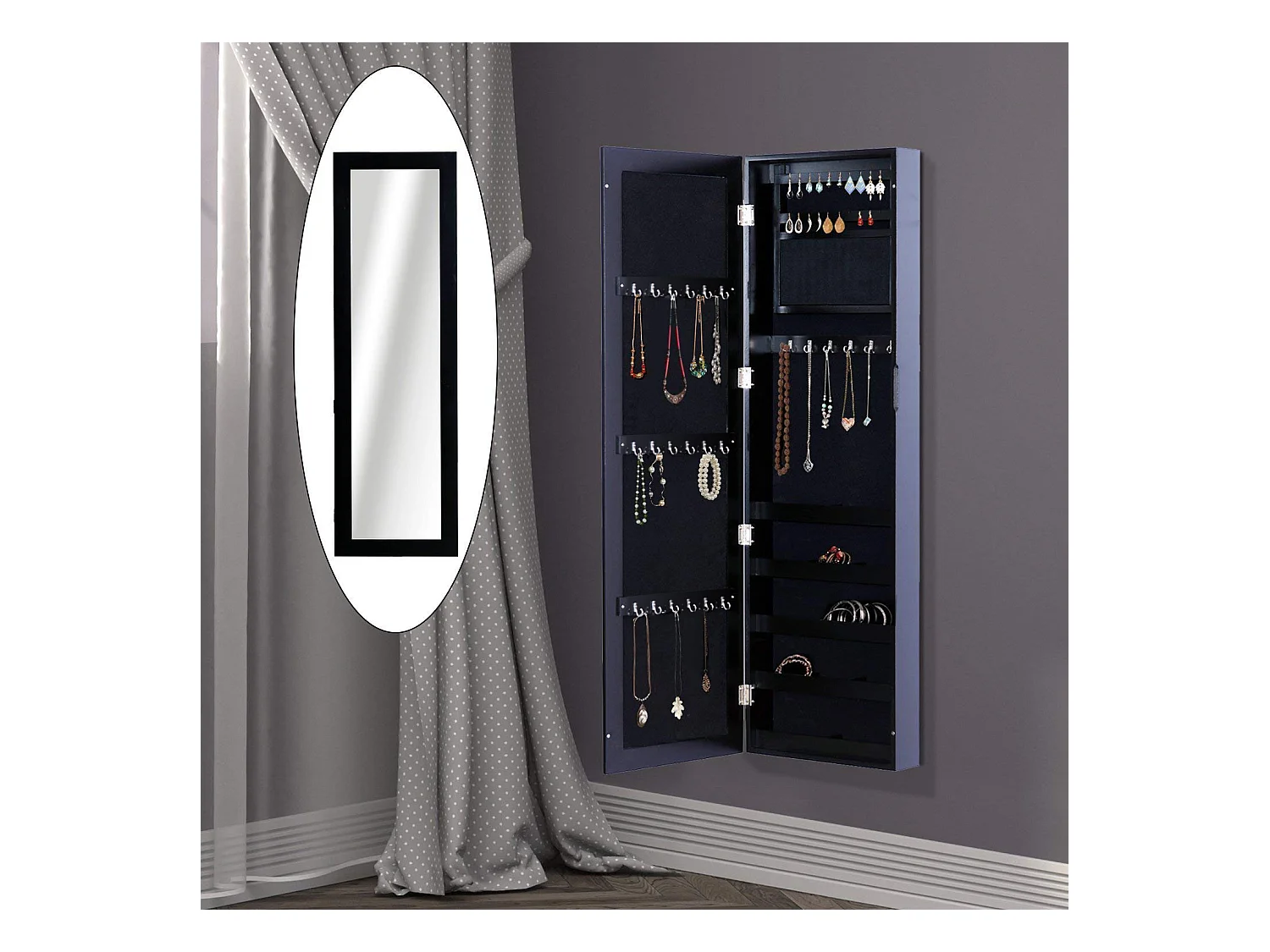 Armadio portagioie con specchio a muro, ganci e ripiani in legno