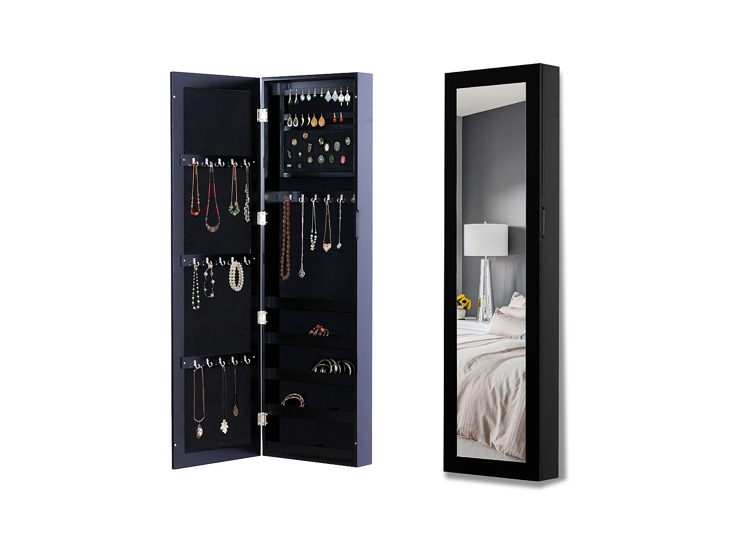 Armadio portagioie con specchio a muro, ganci e ripiani in legno