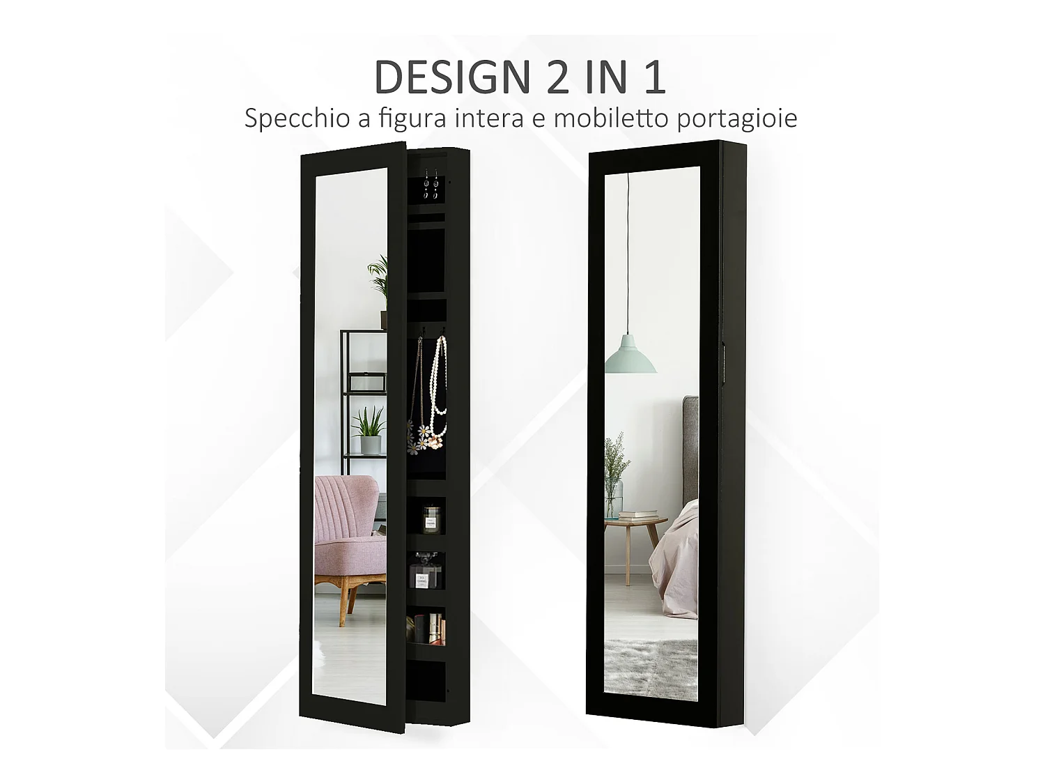 Armadio portagioie con specchio a muro, ganci e ripiani in legno