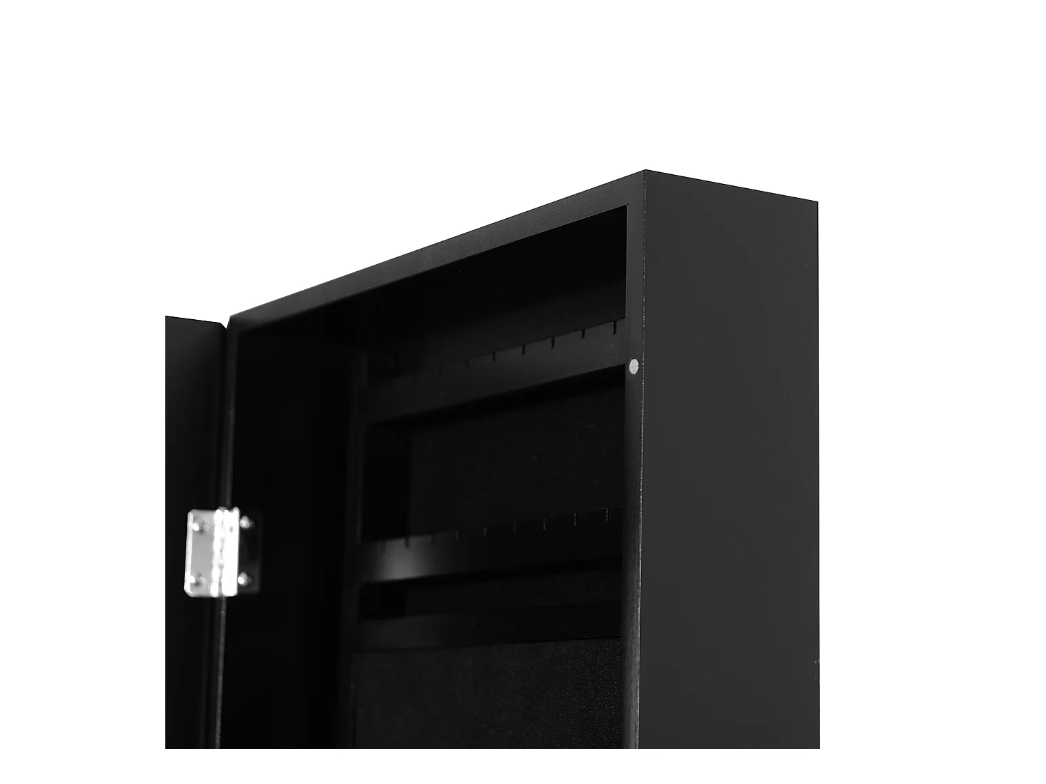 Armadio portagioie con specchio a muro, ganci e ripiani in legno