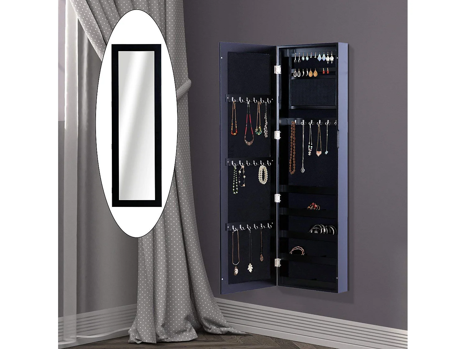 Armadio portagioie con specchio a muro, ganci e ripiani in legno