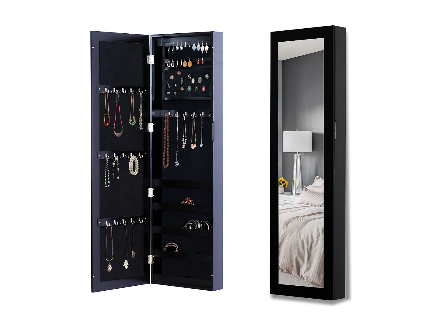 Armadio portagioie con specchio a muro, ganci e ripiani in legno