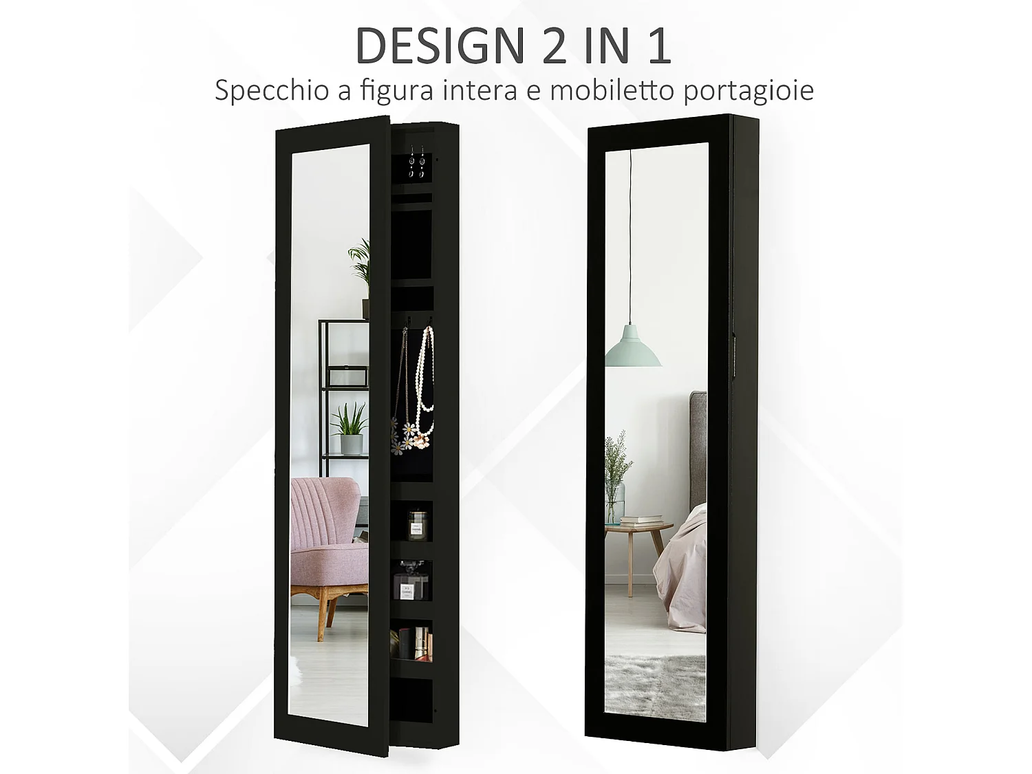 Armadio portagioie con specchio a muro, ganci e ripiani in legno