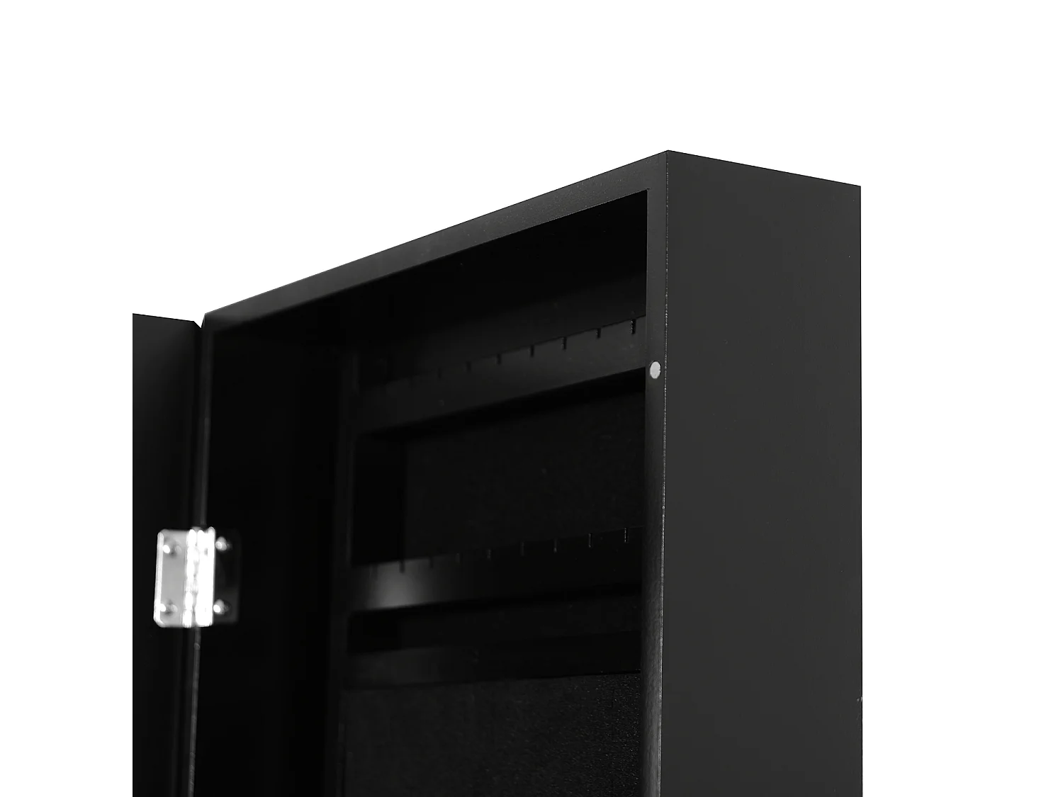 Armadio portagioie con specchio a muro, ganci e ripiani in legno