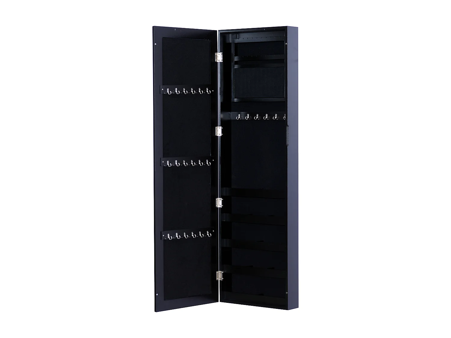 Armadio portagioie con specchio a muro, ganci e ripiani in legno