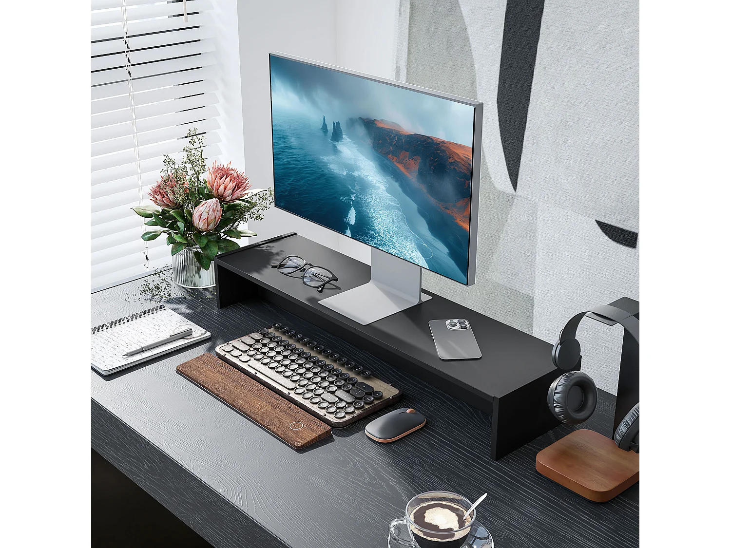 Supporto per monitor con 2 vani contenitore in legno nero