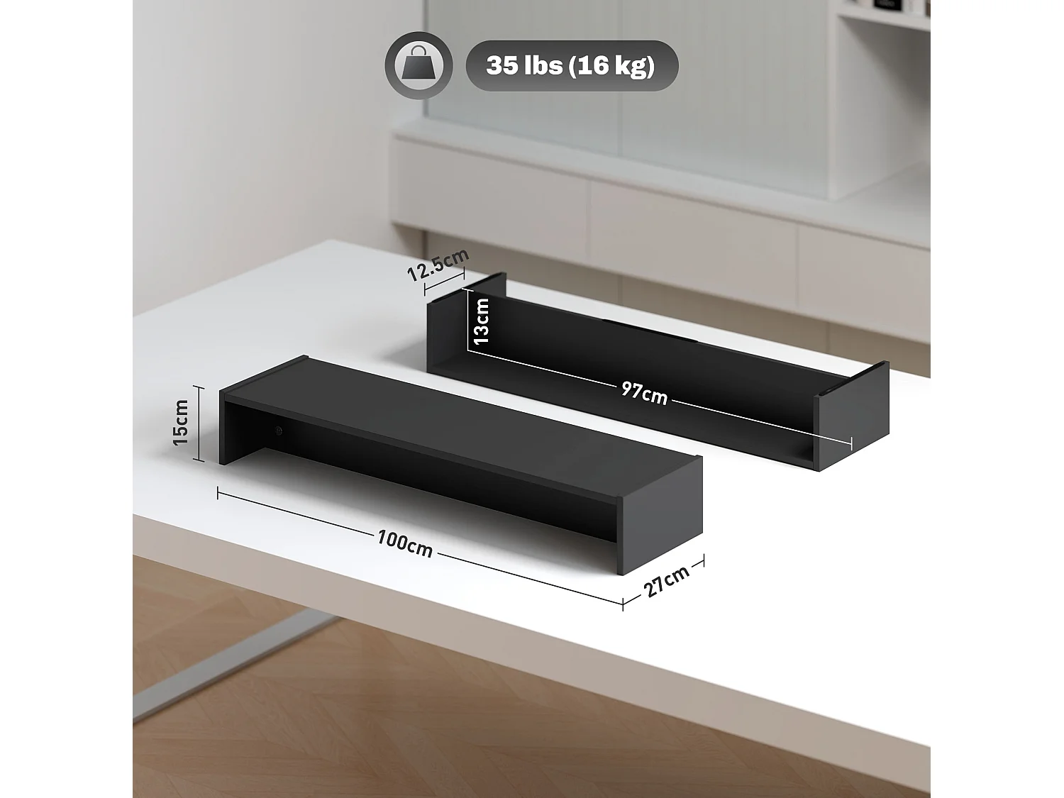 Supporto per monitor con 2 vani contenitore in legno nero