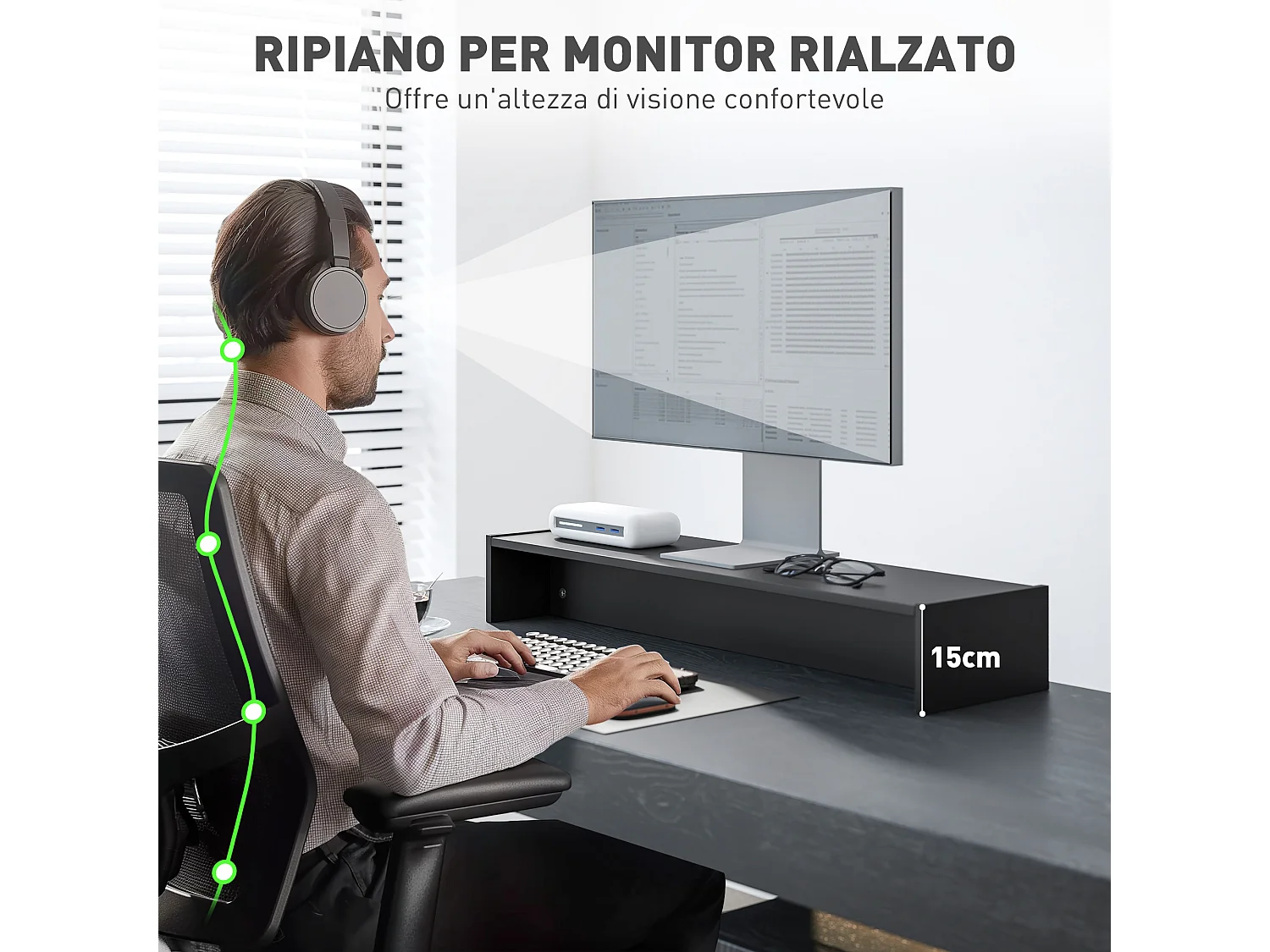 Supporto per monitor con 2 vani contenitore in legno nero