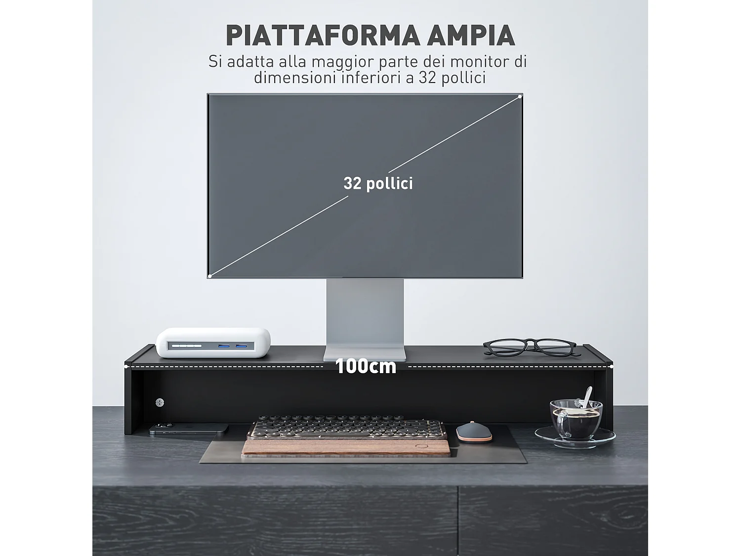 Supporto per monitor con 2 vani contenitore in legno nero
