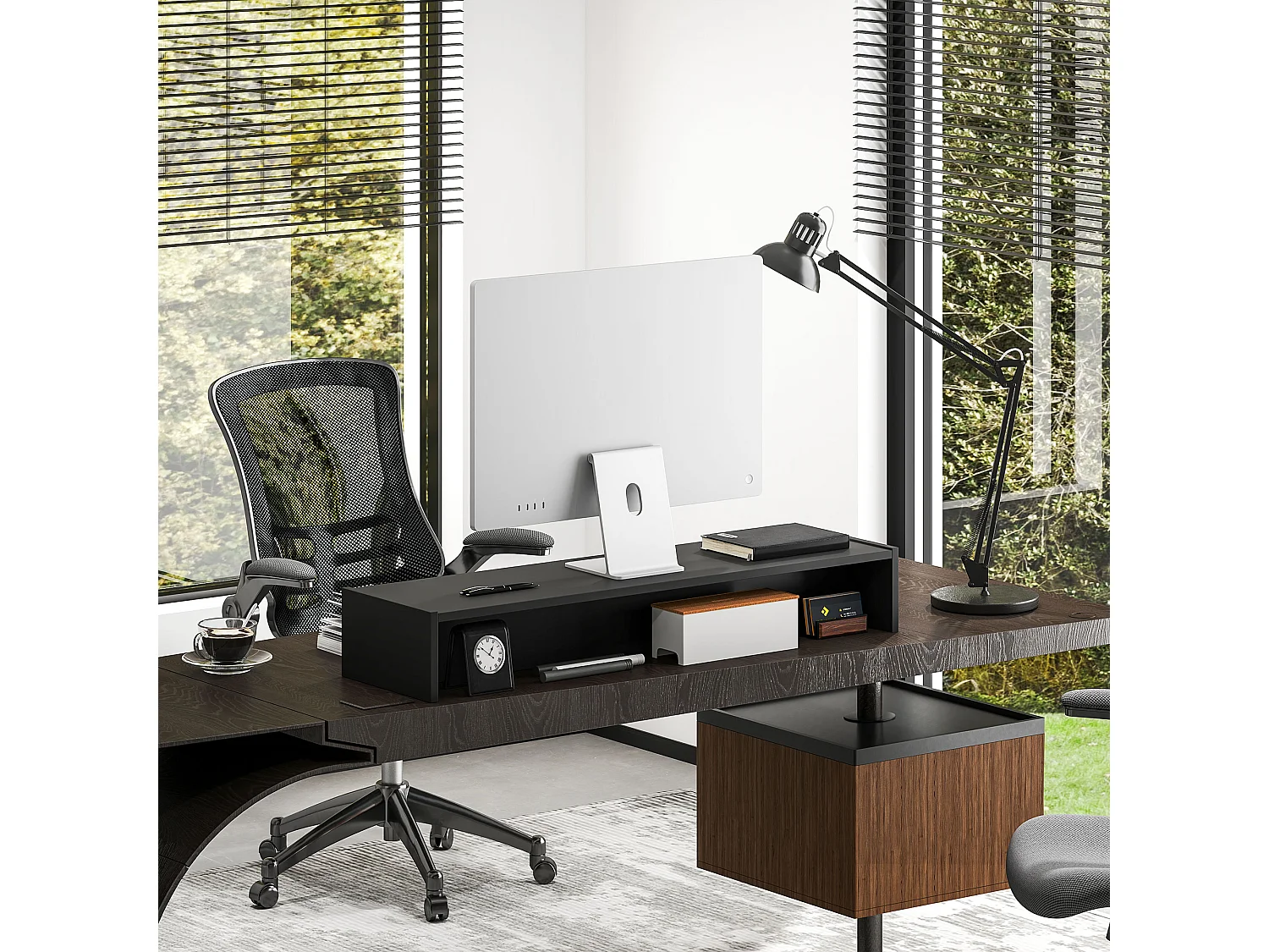 Supporto per monitor con 2 vani contenitore in legno nero