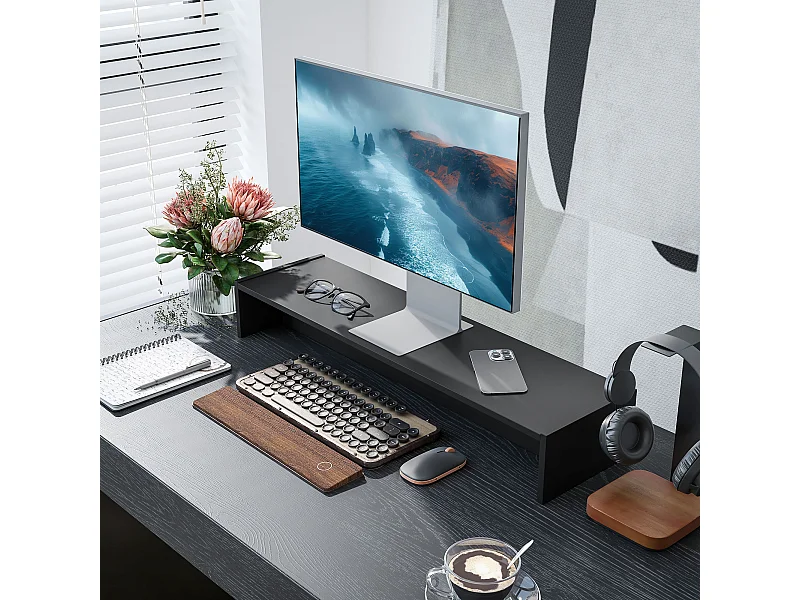 Supporto per monitor con 2 vani contenitore in legno nero