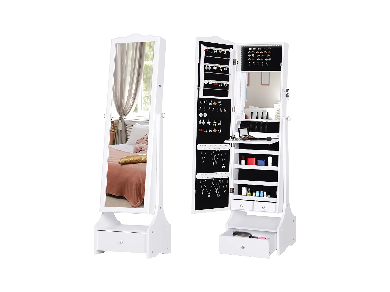 Armadio portagioie con specchiera cassetto e luci led bianco