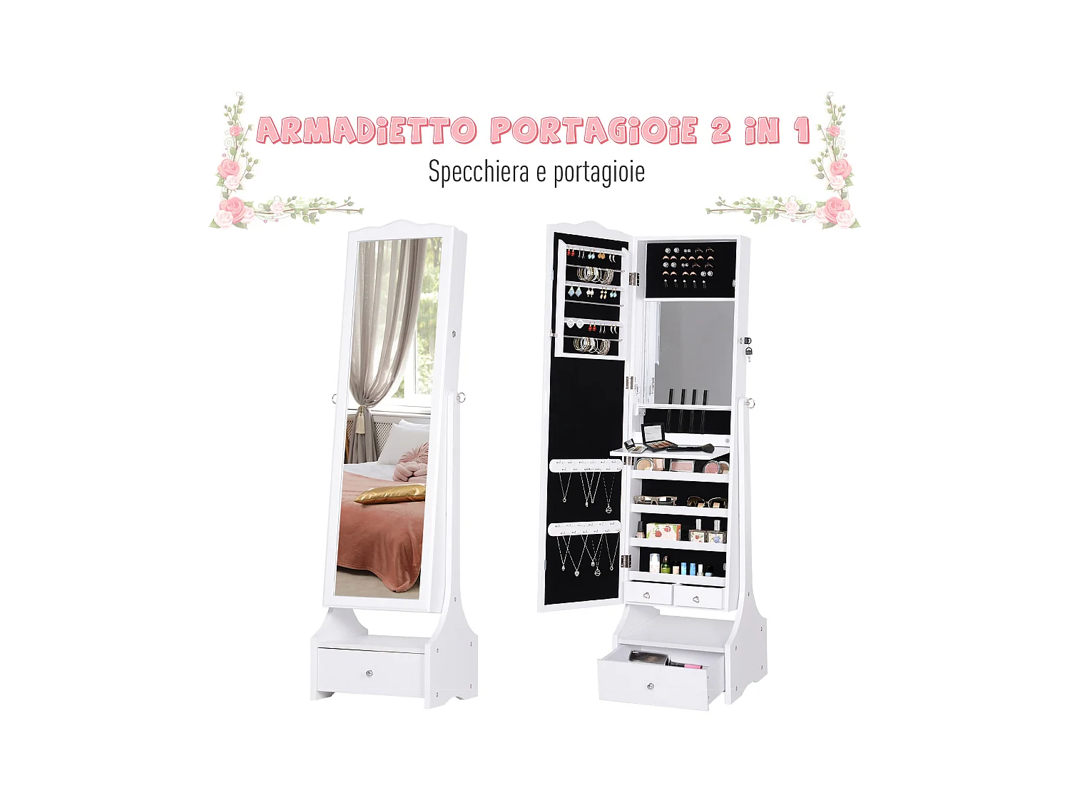 Armadio portagioie con specchiera cassetto e luci led bianco