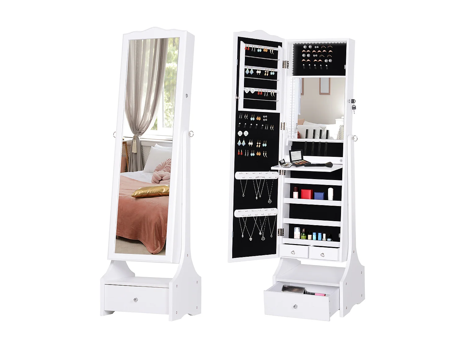 Armadio portagioie con specchiera cassetto e luci led bianco