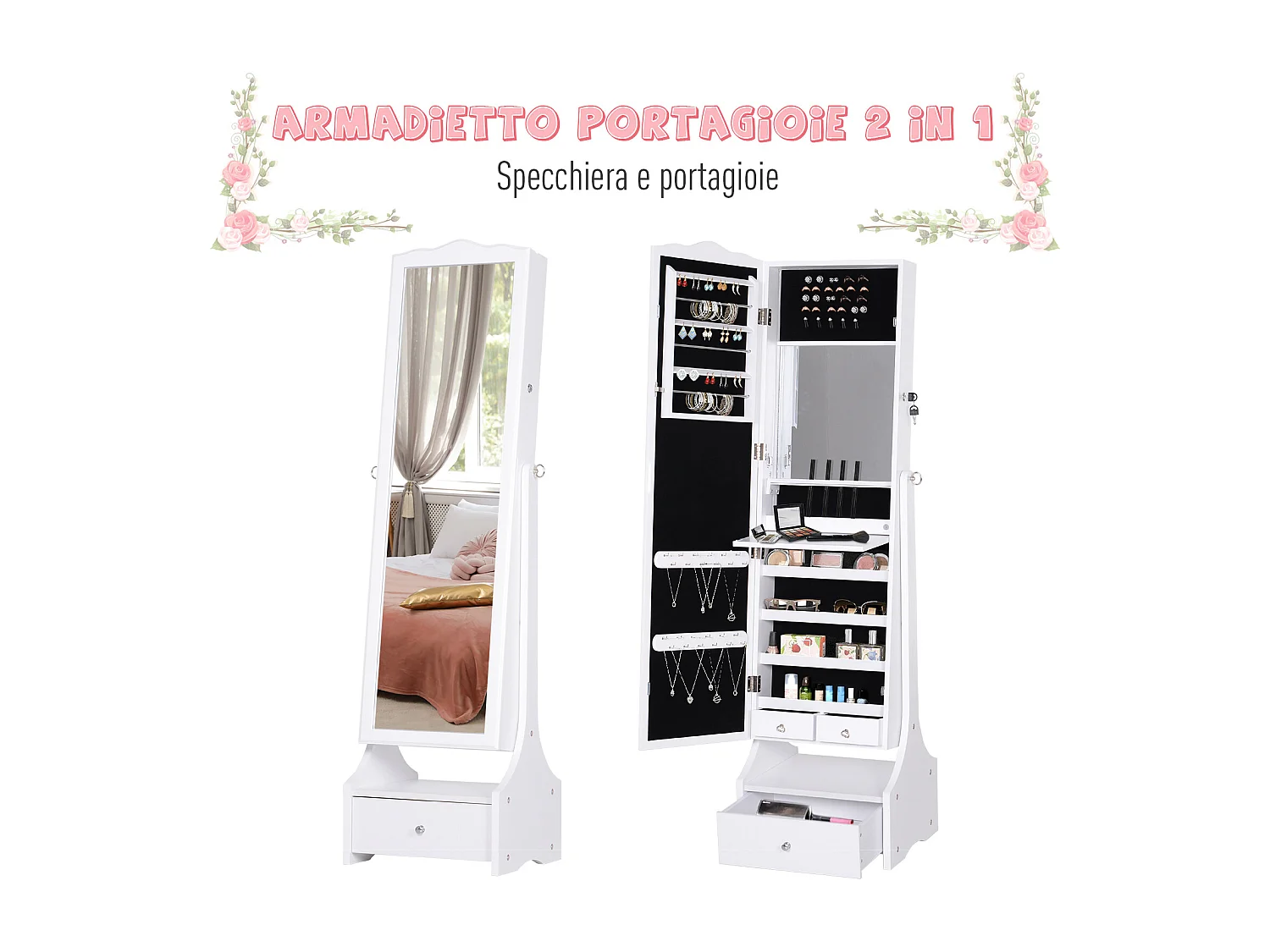 Armadio portagioie con specchiera cassetto e luci led bianco