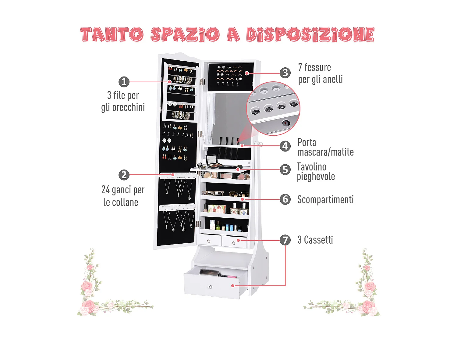 Armadio portagioie con specchiera cassetto e luci led bianco