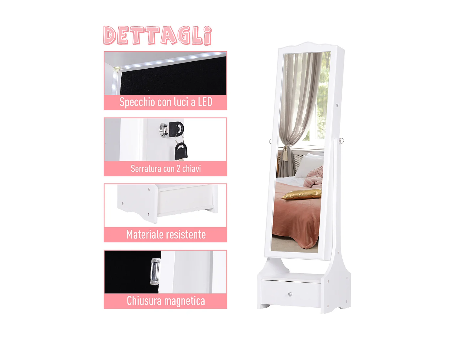 Armadio portagioie con specchiera cassetto e luci led bianco