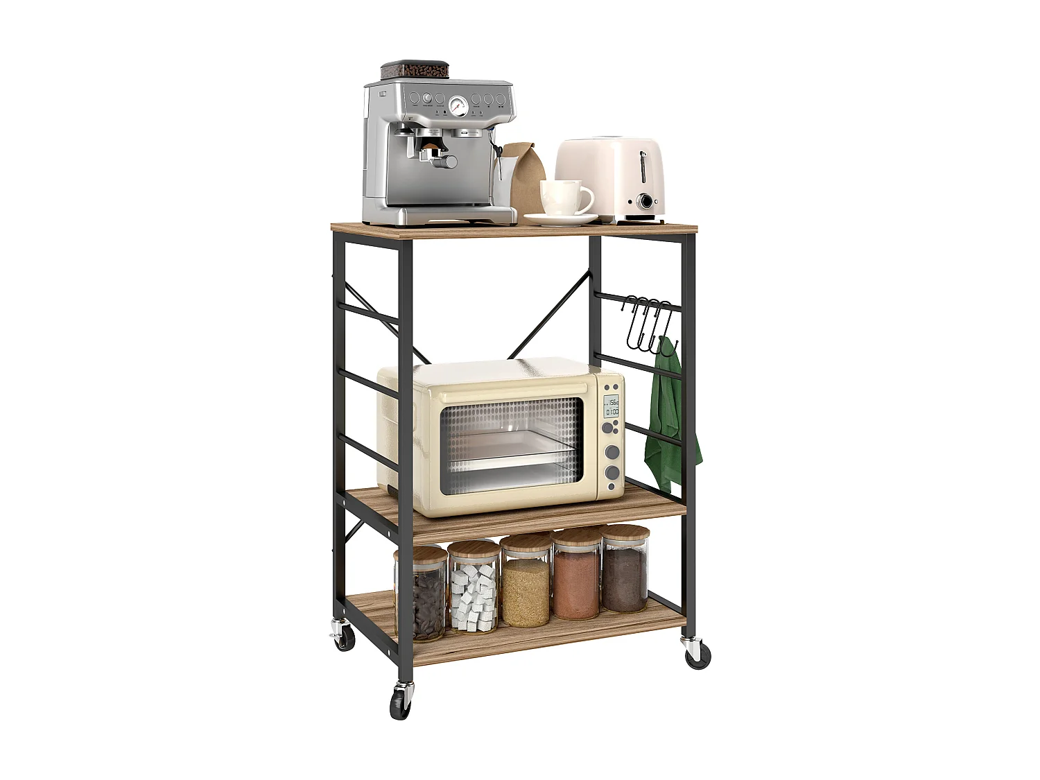 Scaffale da cucina 3 ripiani con ruote e ganci stile industriale teak