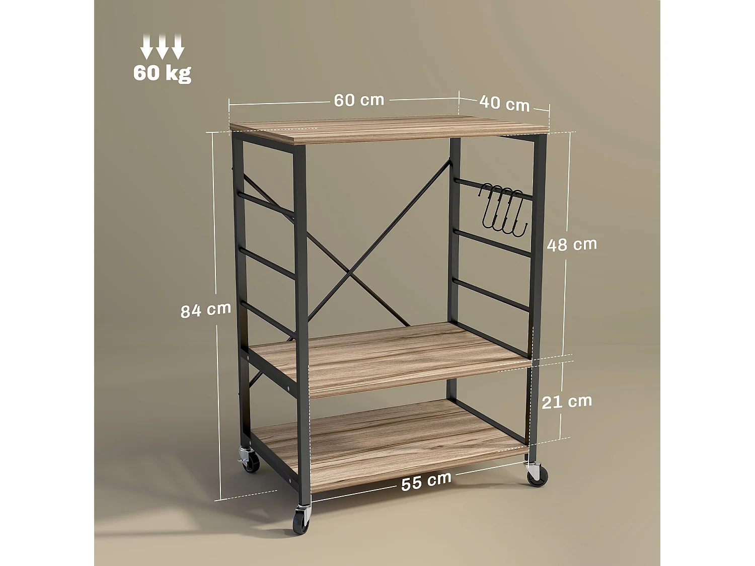 Scaffale da cucina 3 ripiani con ruote e ganci stile industriale teak