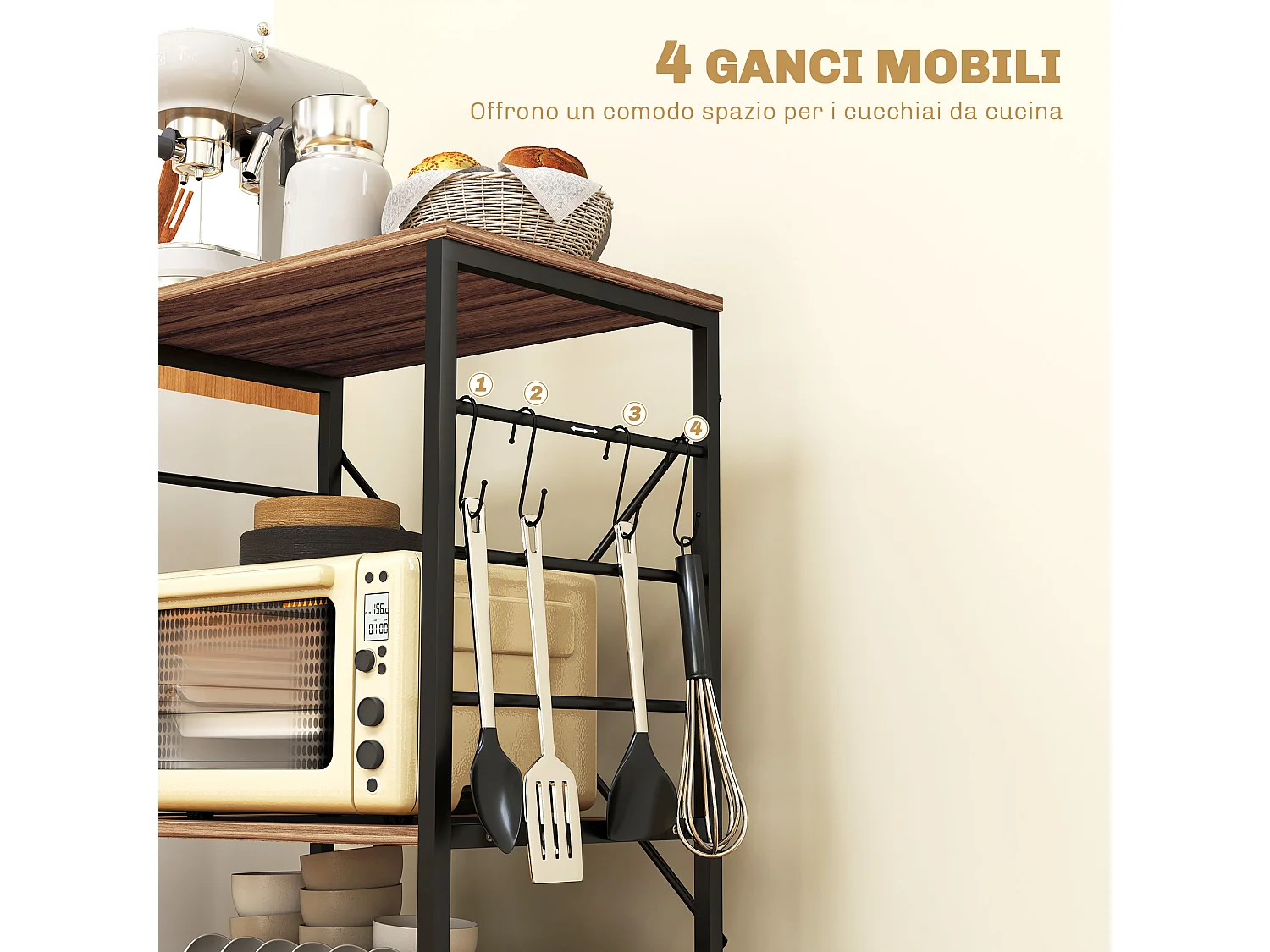 Scaffale da cucina 3 ripiani con ruote e ganci stile industriale teak
