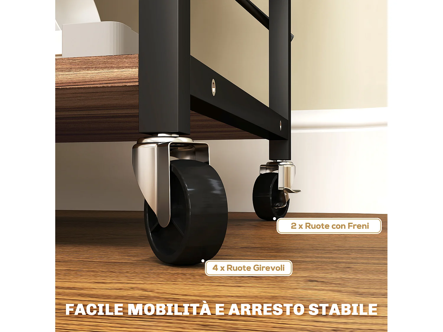 Scaffale da cucina 3 ripiani con ruote e ganci stile industriale teak