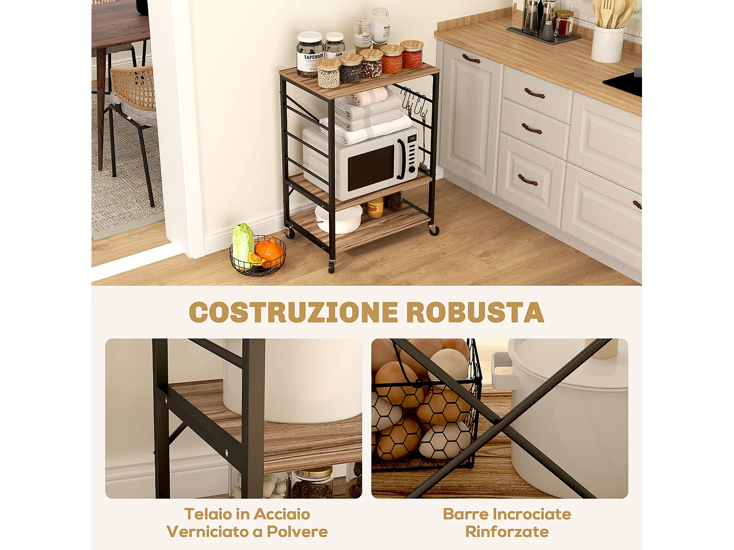 Scaffale da cucina 3 ripiani con ruote e ganci stile industriale teak