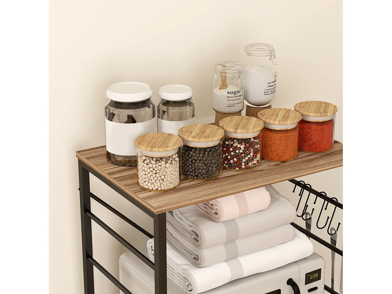 Scaffale da cucina 3 ripiani con ruote e ganci stile industriale teak