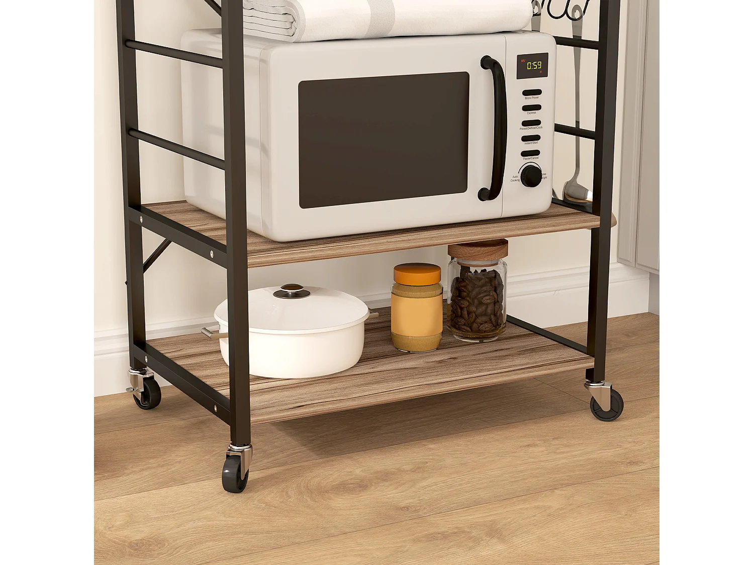 Scaffale da cucina 3 ripiani con ruote e ganci stile industriale teak