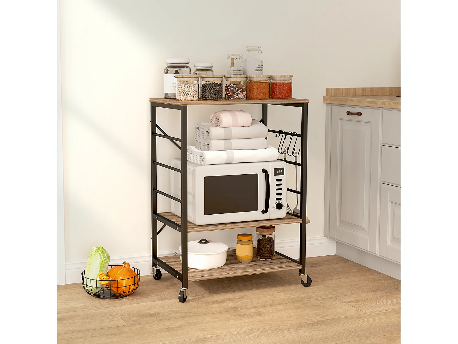 Scaffale da cucina 3 ripiani con ruote e ganci stile industriale teak