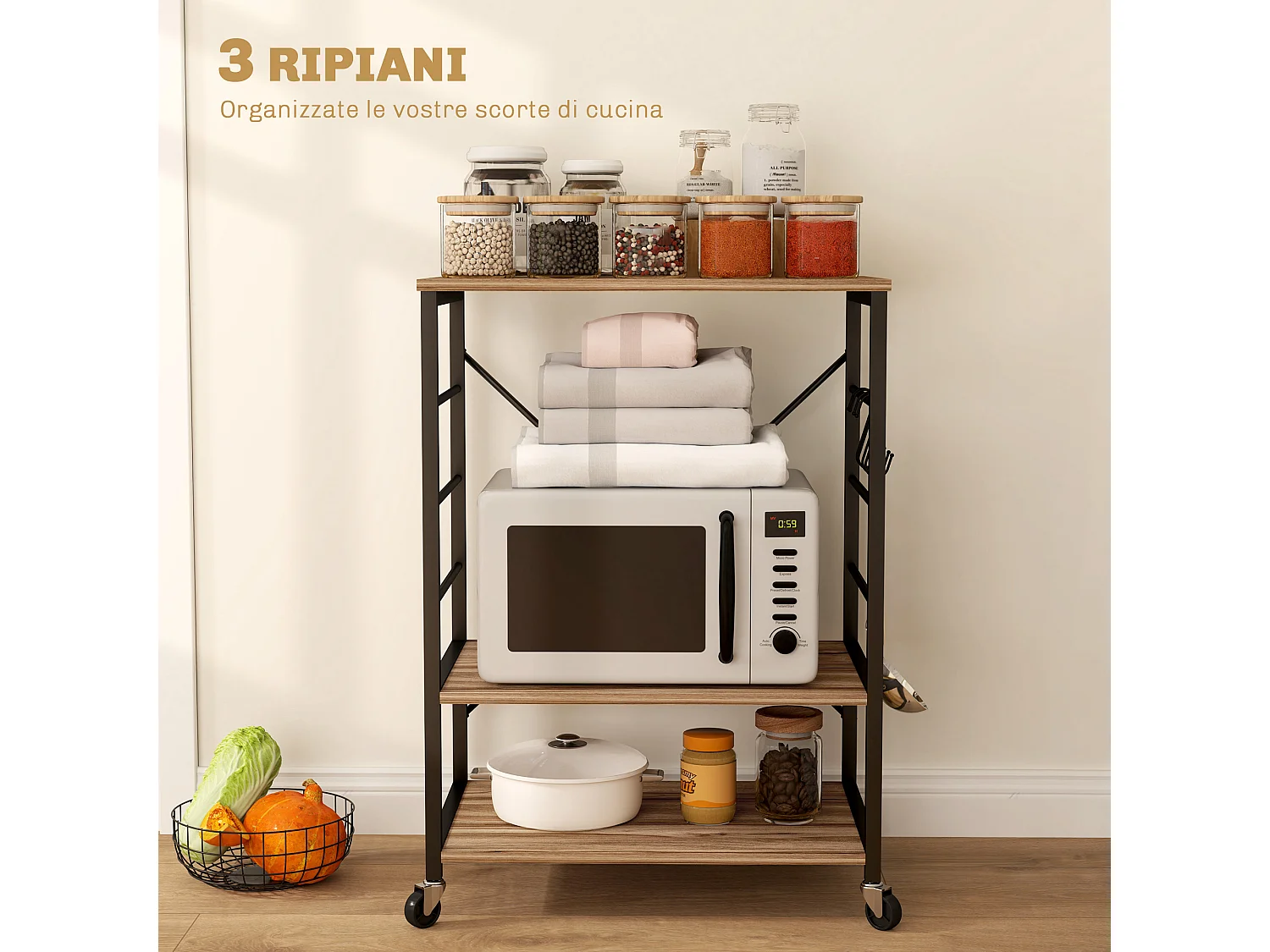 Scaffale da cucina 3 ripiani con ruote e ganci stile industriale teak