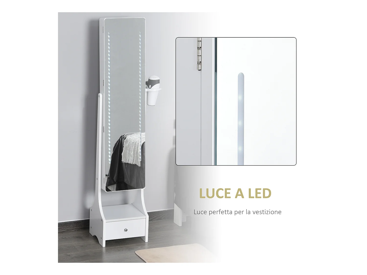 Armadio portagioie specchio e luci led regolabili con interruttore