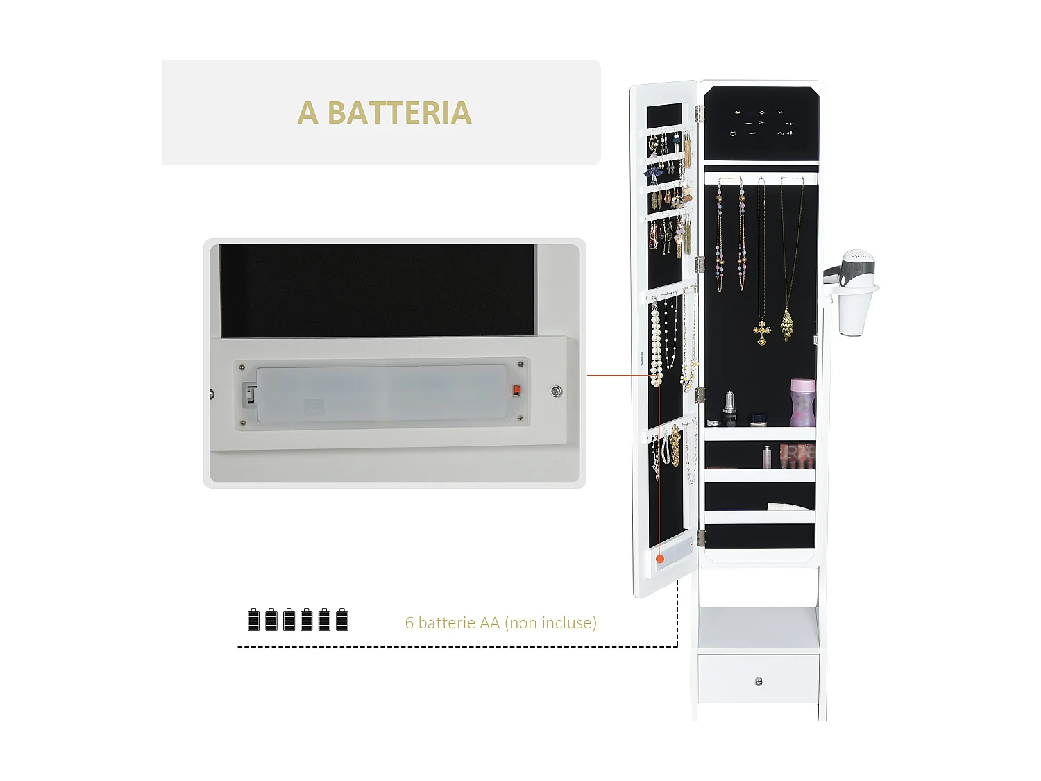 Armadio portagioie specchio e luci led regolabili con interruttore