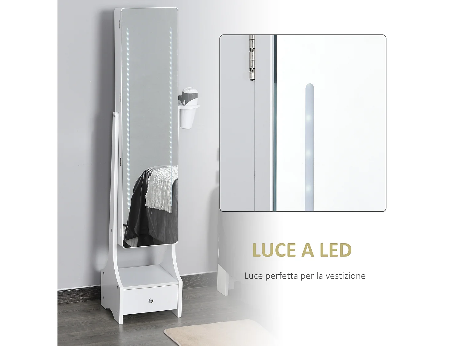 Armadio portagioie specchio e luci led regolabili con interruttore