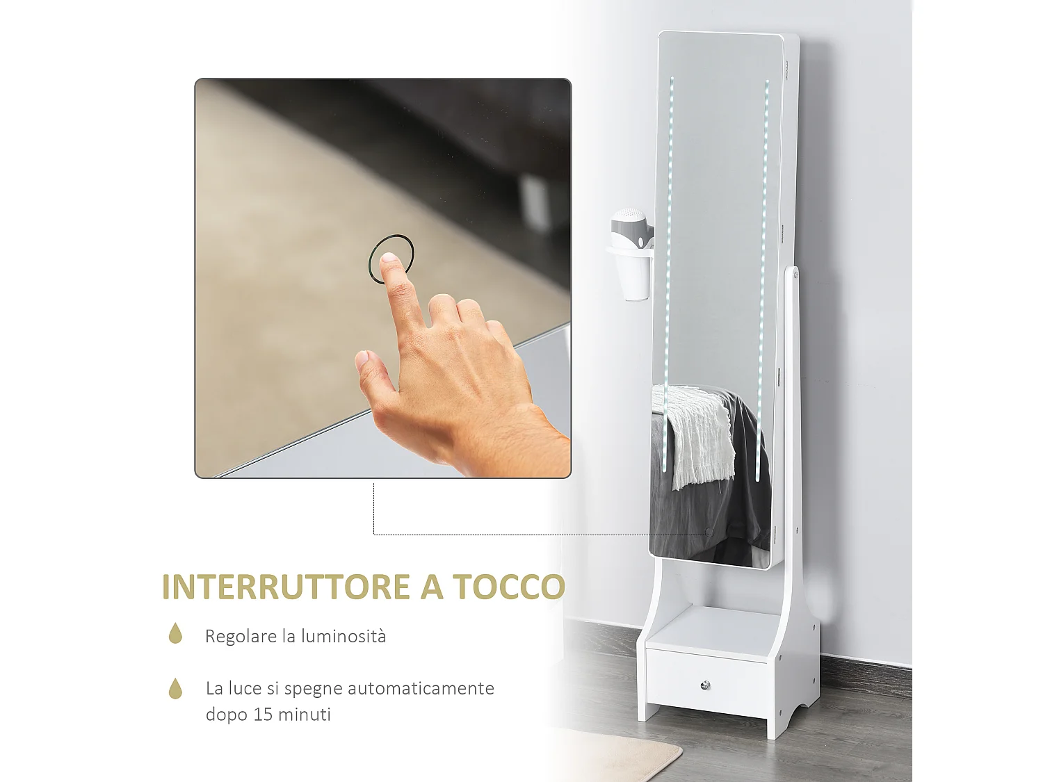 Armadio portagioie specchio e luci led regolabili con interruttore