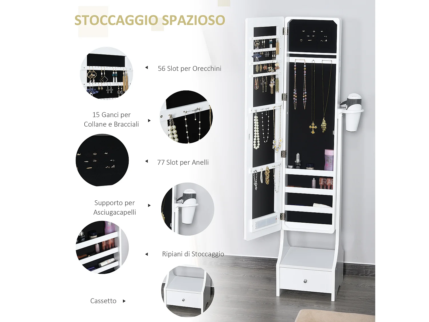 Armadio portagioie specchio e luci led regolabili con interruttore