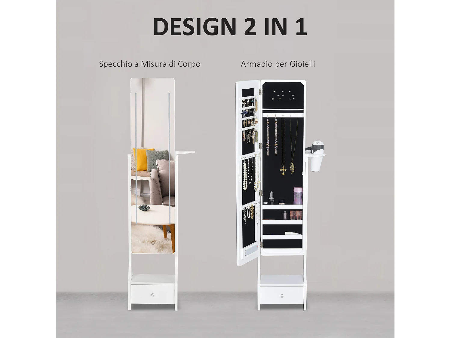 Armadio portagioie specchio e luci led regolabili con interruttore