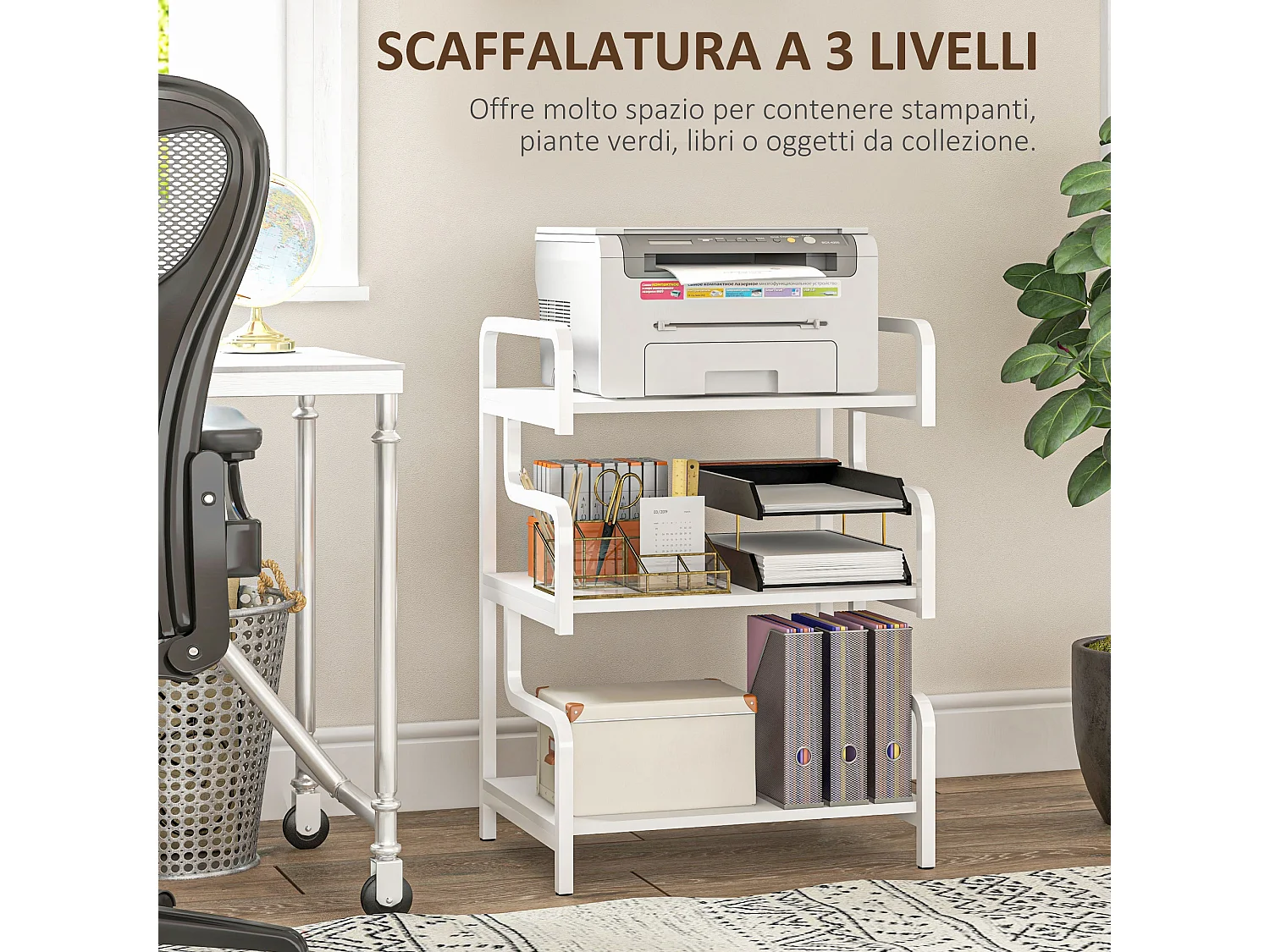 Supporto per stampante a 3 livelli in metallo e truciolato bianco