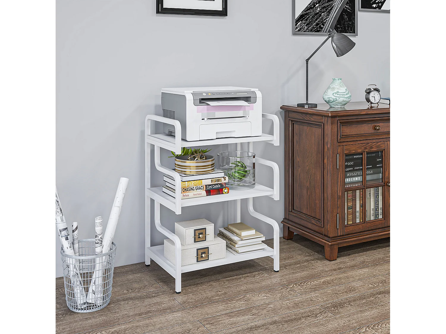 Supporto per stampante a 3 livelli in metallo e truciolato bianco