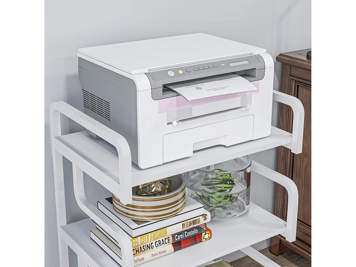 Supporto per stampante a 3 livelli in metallo e truciolato bianco