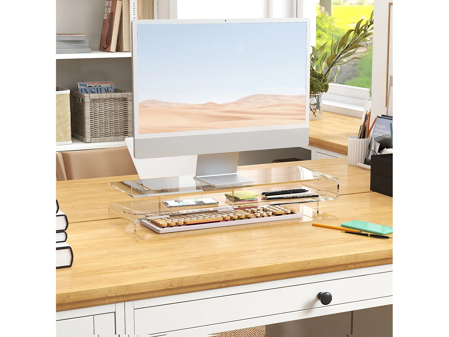 Supporto monitor pc con scomparti in acrilico trasparente