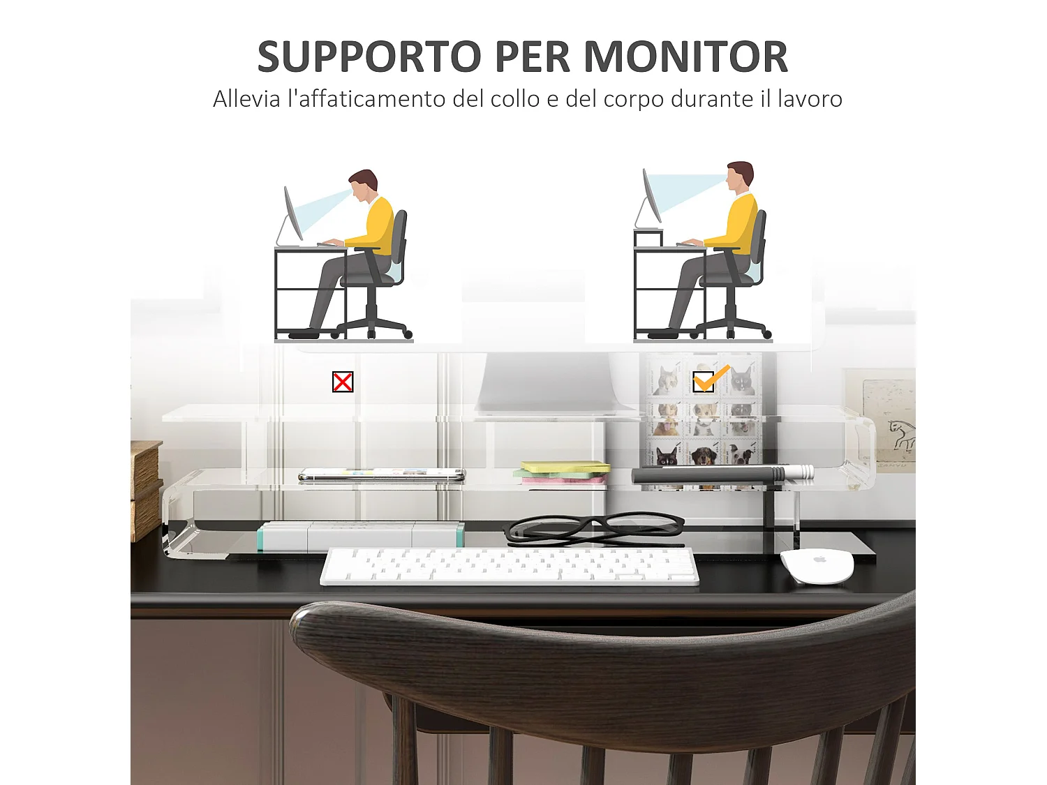 Supporto monitor pc con scomparti in acrilico trasparente