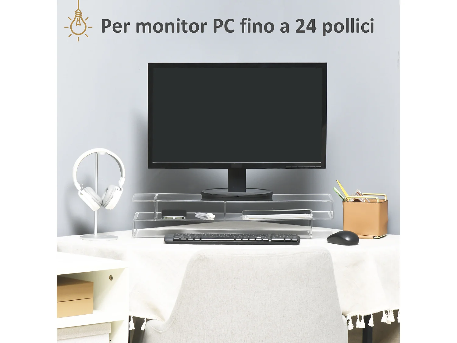 Supporto monitor pc con scomparti in acrilico trasparente