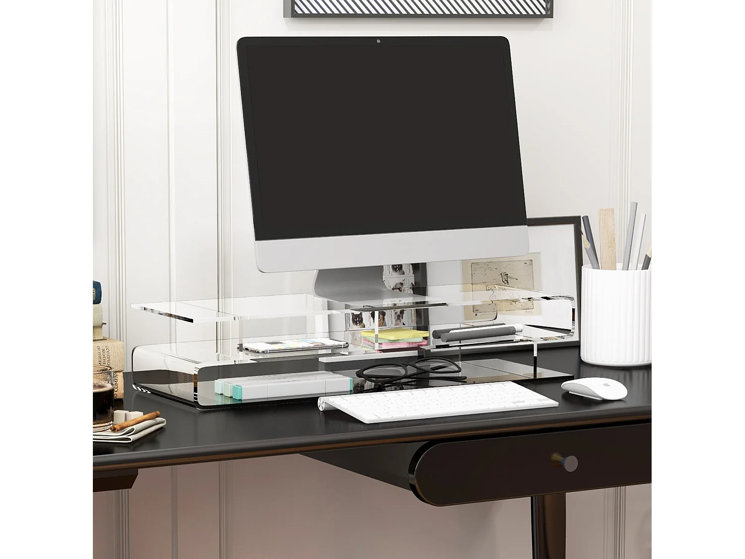 Supporto monitor pc con scomparti in acrilico trasparente