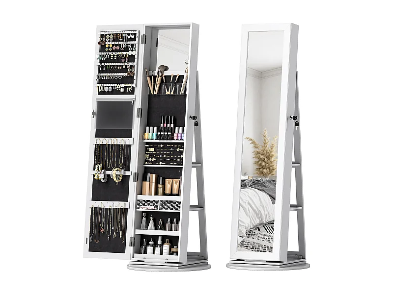 Specchio portagioie girevole con ripiani e chiusura a chiave bianco