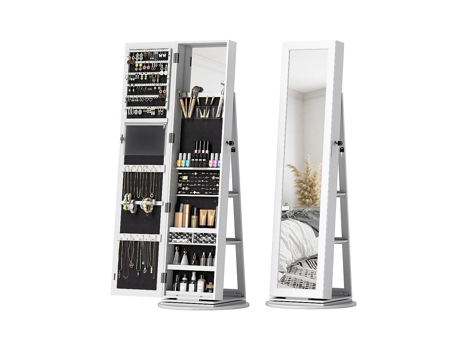 Specchio portagioie girevole con ripiani e chiusura a chiave bianco